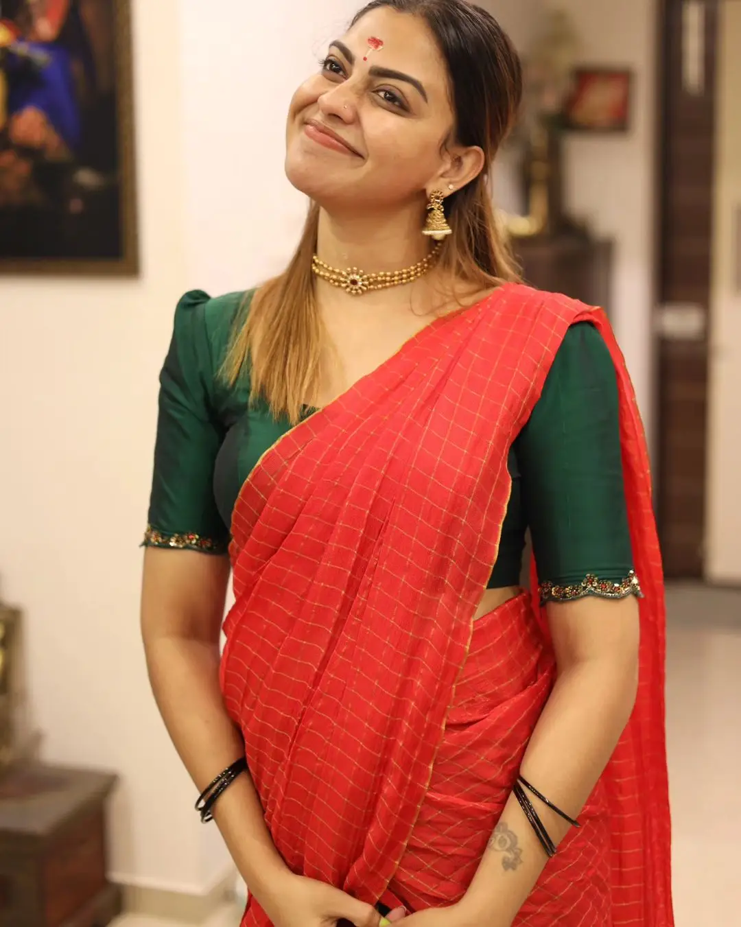 Anusree Nair In South Indian Traditional Red Saree Green Blouse